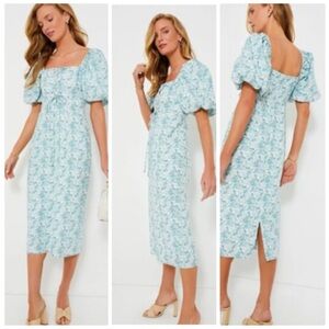 Light Blue Floral Midi Dress with Puff Sleeves